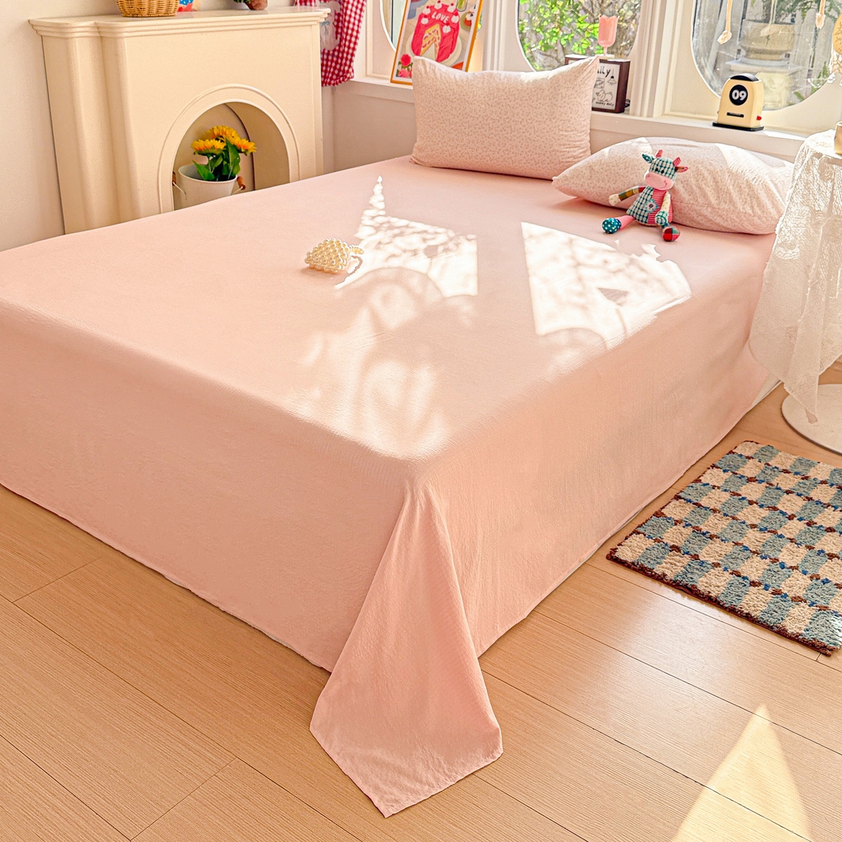 91家纺网 家纺一手货源 找家纺 朵朵家纺 2026新款云感木棉皱皱纱双层纱印花四件套 甜茶