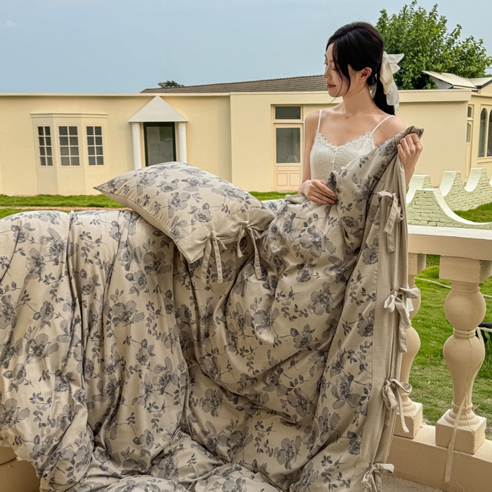 91家纺网 家纺一手货源 找家纺 漫仙阁家纺 2026新款蝴蝶结汉麻四件套 素笺