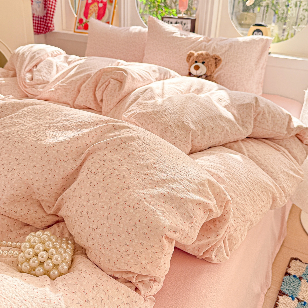 91家纺网 家纺一手货源 找家纺 朵朵家纺 2026新款云感木棉皱皱纱双层纱印花四件套 甜茶