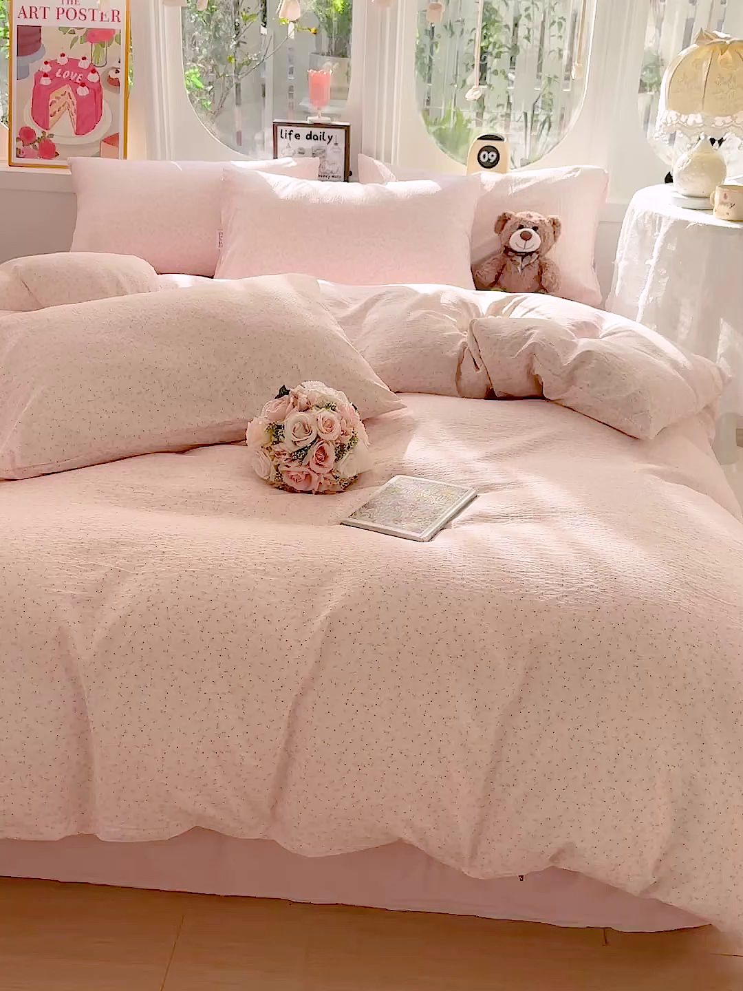 91家纺网 家纺一手货源 找家纺 朵朵家纺 2026新款云感木棉皱皱纱双层纱印花四件套 甜茶