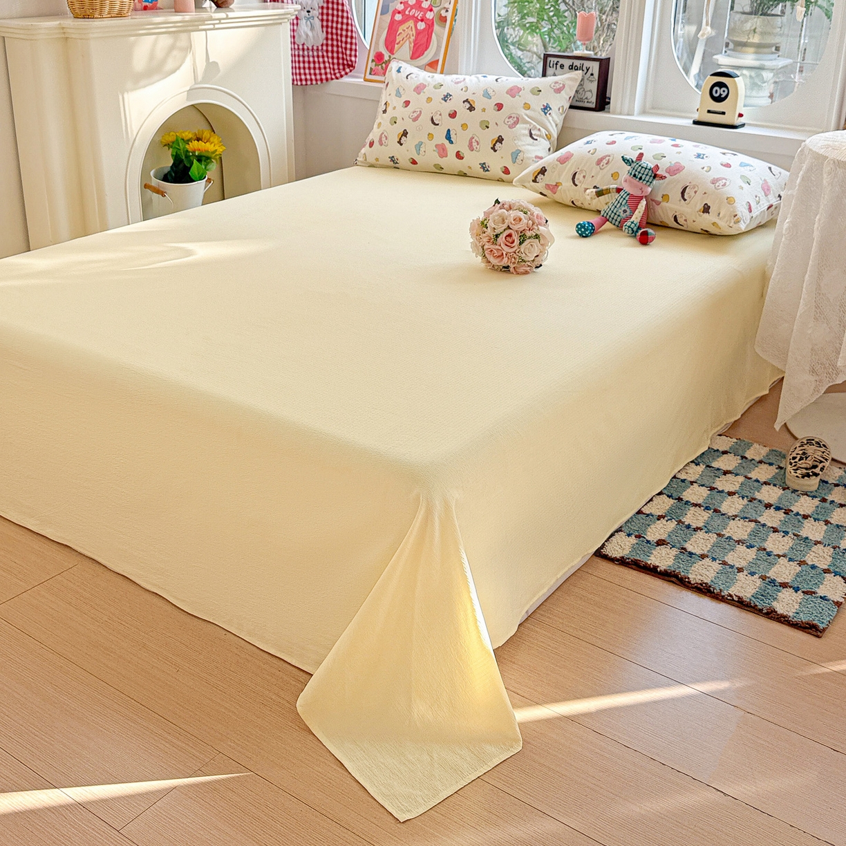 91家纺网 家纺一手货源 找家纺 朵朵家纺 2026新款云感木棉皱皱纱双层纱印花四件套 小新e族