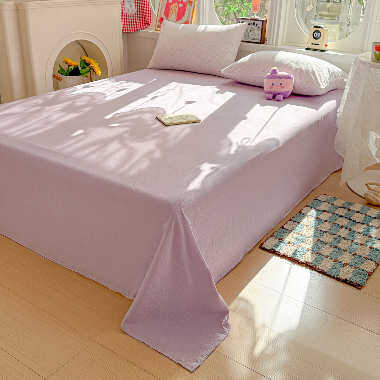 91家纺网 家纺一手货源 找家纺 朵朵家纺 2026新款云感木棉皱皱纱双层纱印花四件套 小樱桃