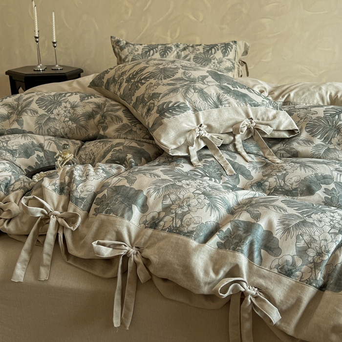 91家纺网 家纺一手货源 找家纺 漫仙阁家纺 2026新款蝴蝶结汉麻四件套 叶栖