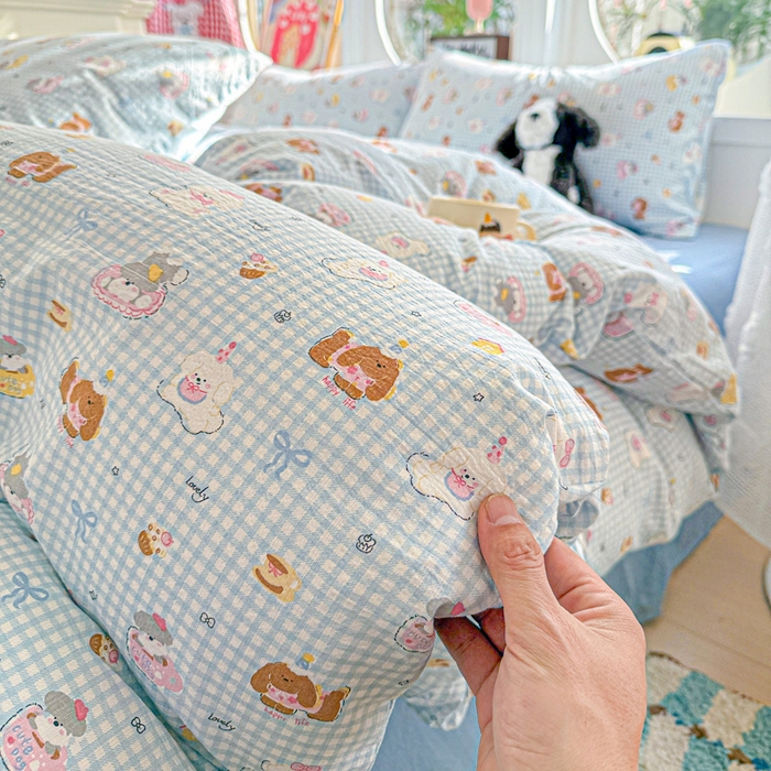 91家纺网 家纺一手货源 找家纺 （总）朵朵家纺 2026新款云感木棉皱皱纱双层纱印花四件套