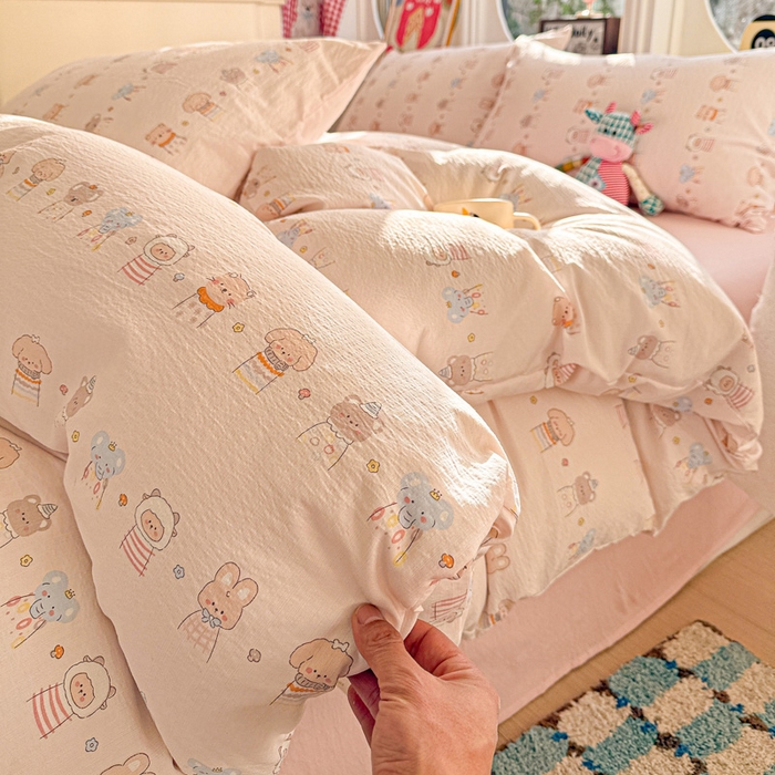 朵朵家纺 2026新款云感木棉皱皱纱双层纱印花四件套 森林乐园