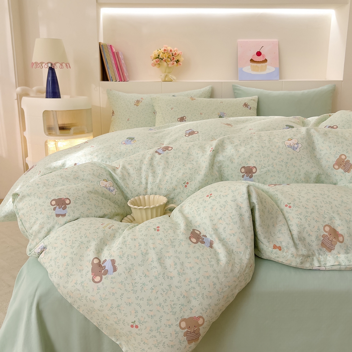 91家纺网 家纺一手货源 找家纺 DoDo 兜兜 2026新款全棉纯棉小温暖双层纱四件套【可定做尺寸】幸福小象-绿