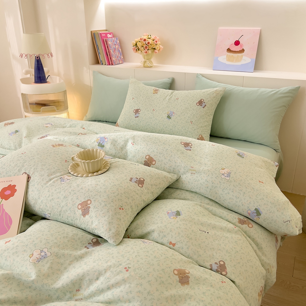 91家纺网 家纺一手货源 找家纺 DoDo 兜兜 2026新款全棉纯棉小温暖双层纱四件套【可定做尺寸】幸福小象-绿