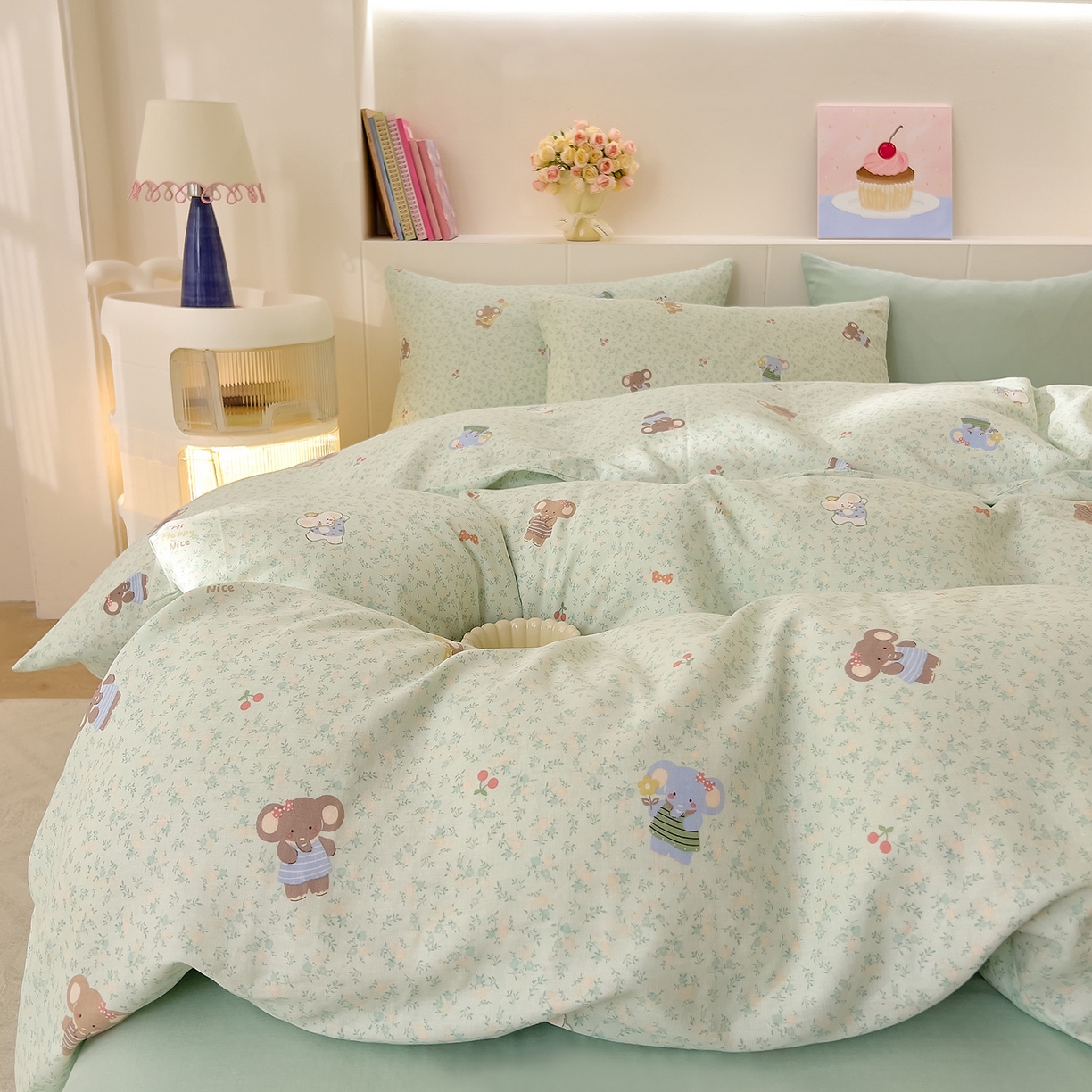 91家纺网 家纺一手货源 找家纺 DoDo 兜兜 2026新款全棉纯棉小温暖双层纱四件套【可定做尺寸】幸福小象-绿