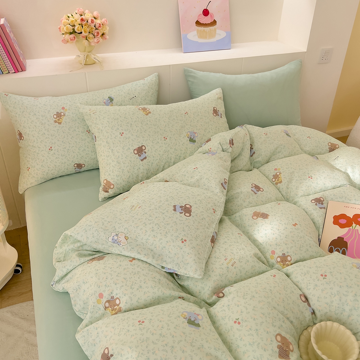 91家纺网 家纺一手货源 找家纺 DoDo 兜兜 2026新款全棉纯棉小温暖双层纱四件套【可定做尺寸】幸福小象-绿