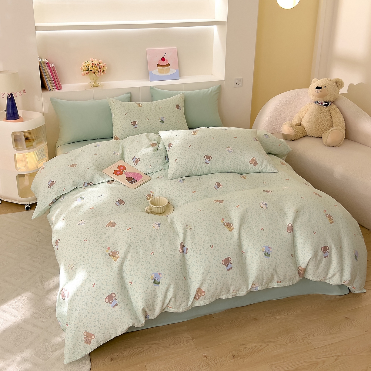 91家纺网 家纺一手货源 找家纺 DoDo 兜兜 2026新款全棉纯棉小温暖双层纱四件套【可定做尺寸】幸福小象-绿