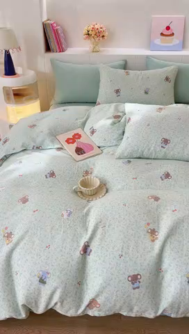 91家纺网 家纺一手货源 找家纺 DoDo 兜兜 2026新款全棉纯棉小温暖双层纱四件套【可定做尺寸】幸福小象-绿