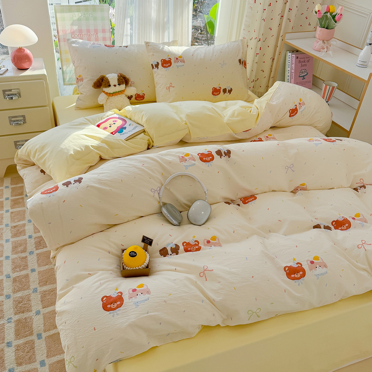 91家纺网 家纺一手货源 找家纺 颜选 2026新款仿棉105克加厚水洗棉四件套-有买家秀 萌熊结趣