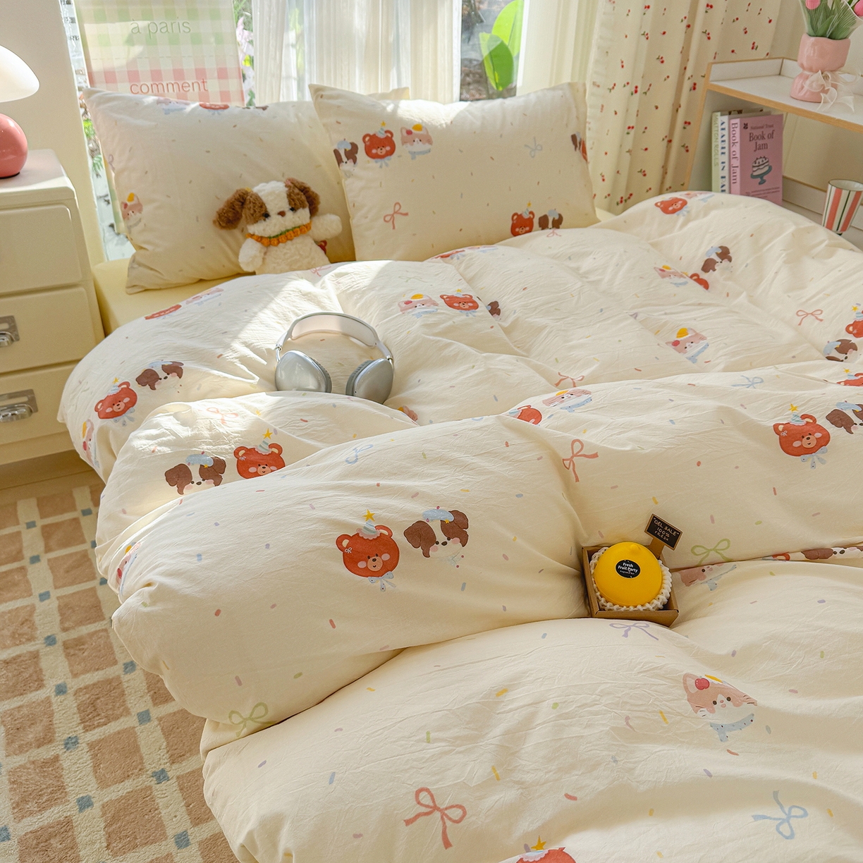 91家纺网 家纺一手货源 找家纺 颜选 2026新款仿棉105克加厚水洗棉四件套-有买家秀 萌熊结趣