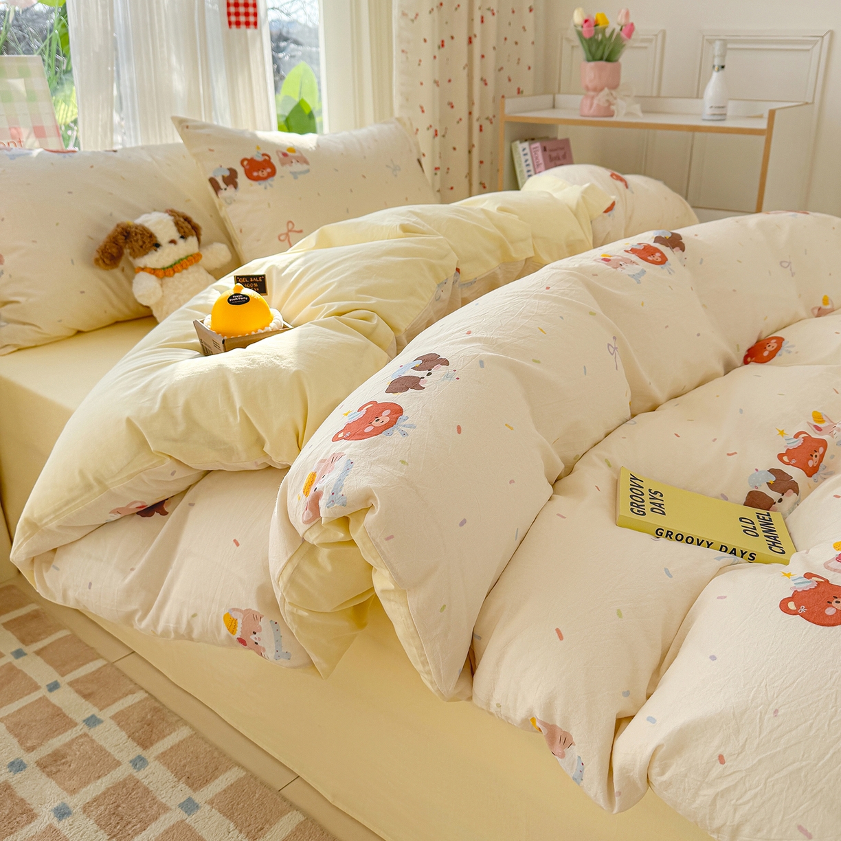 91家纺网 家纺一手货源 找家纺 颜选 2026新款仿棉105克加厚水洗棉四件套-有买家秀 萌熊结趣