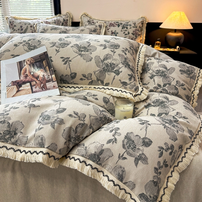 91家纺网 家纺一手货源 找家纺 漫仙阁家纺 2026新款流苏亚麻四件套 与花时-灰