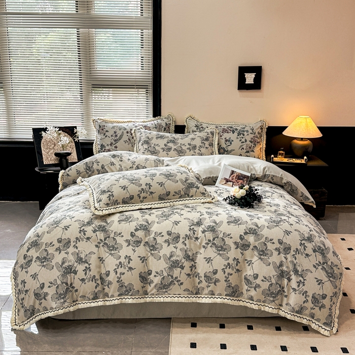 91家纺网 家纺一手货源 找家纺 漫仙阁家纺 2026新款流苏亚麻四件套 与花时-灰