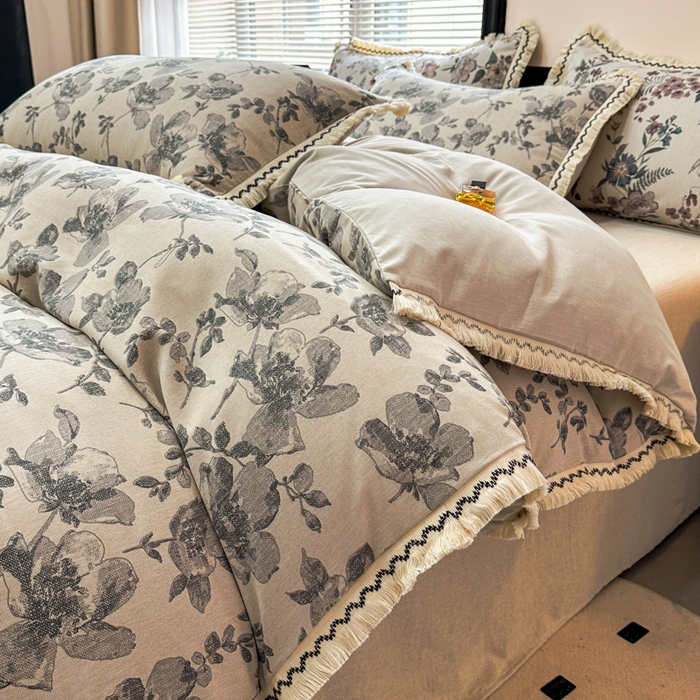 91家纺网 家纺一手货源 找家纺 漫仙阁家纺 2026新款流苏亚麻四件套 与花时-灰