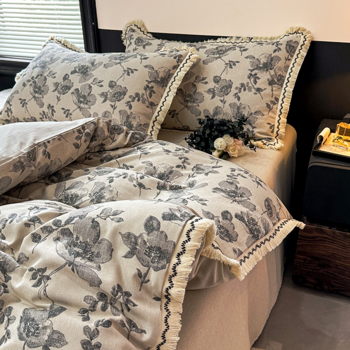 91家纺网 家纺一手货源 找家纺 漫仙阁家纺 2026新款流苏亚麻四件套 与花时-灰