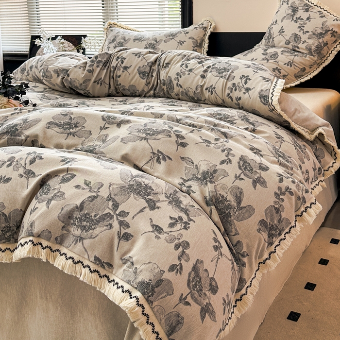 91家纺网 家纺一手货源 找家纺 漫仙阁家纺 2026新款流苏亚麻四件套 与花时-灰