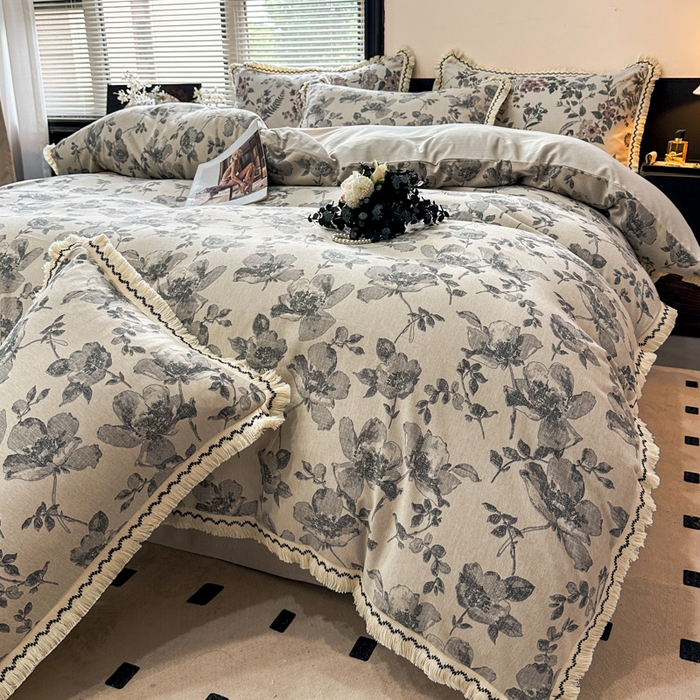 漫仙阁家纺 2026新款流苏亚麻四件套 与花时-灰