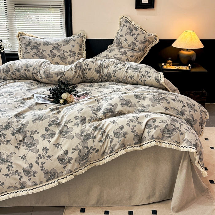 91家纺网 家纺一手货源 找家纺 漫仙阁家纺 2026新款流苏亚麻四件套 与花时-灰