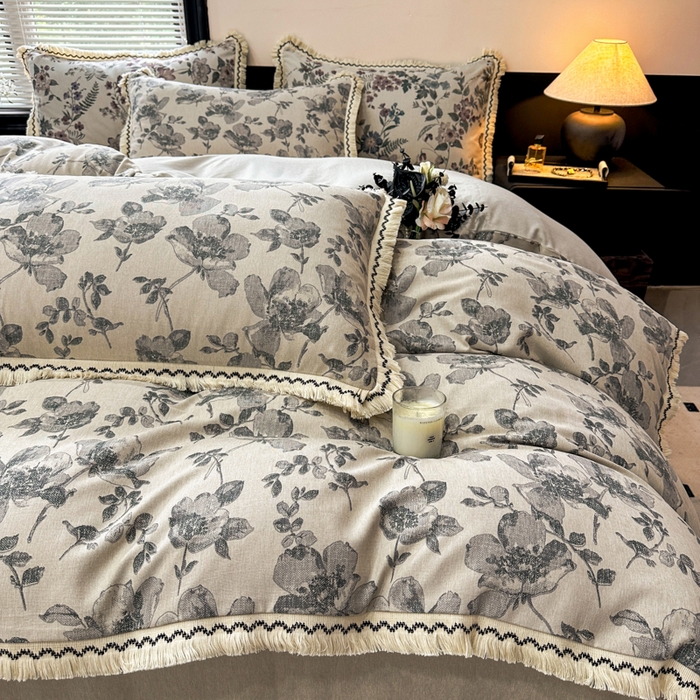 91家纺网 家纺一手货源 找家纺 漫仙阁家纺 2026新款流苏亚麻四件套 与花时-灰