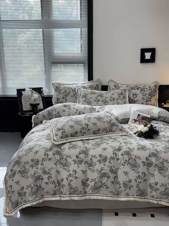 91家纺网 家纺一手货源 找家纺 漫仙阁家纺 2026新款流苏亚麻四件套 与花时-灰