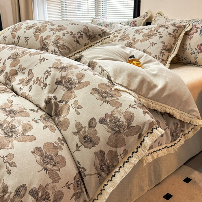 91家纺网 家纺一手货源 找家纺 漫仙阁家纺 2026新款流苏亚麻四件套 与花时-咖