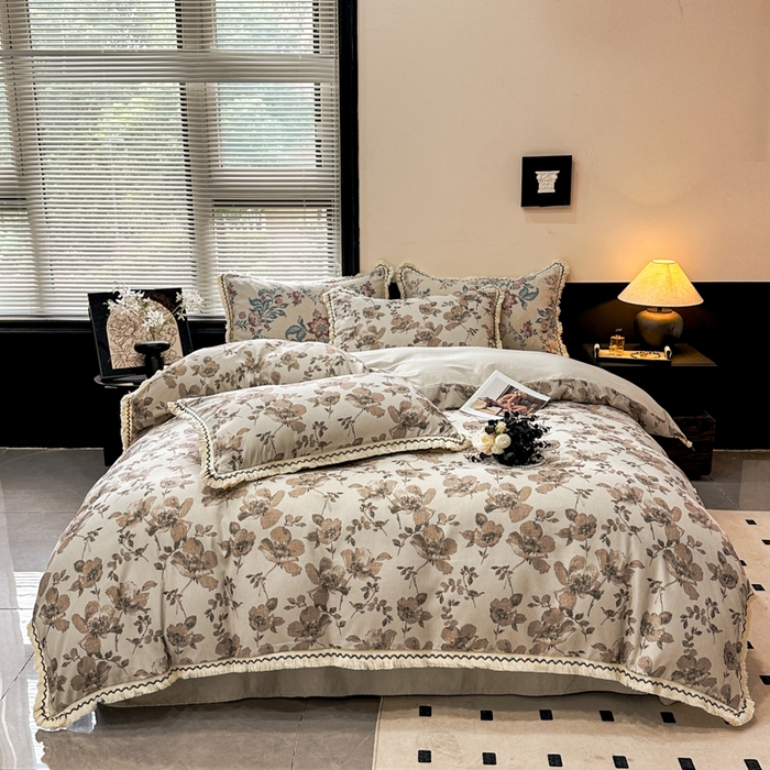 91家纺网 家纺一手货源 找家纺 漫仙阁家纺 2026新款流苏亚麻四件套 与花时-咖