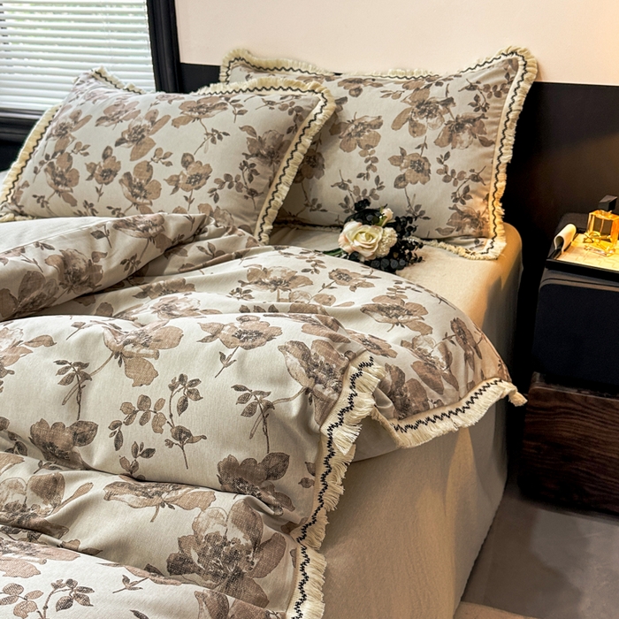 91家纺网 家纺一手货源 找家纺 漫仙阁家纺 2026新款流苏亚麻四件套 与花时-咖