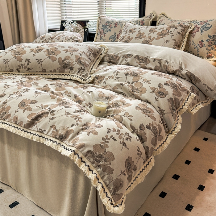 91家纺网 家纺一手货源 找家纺 漫仙阁家纺 2026新款流苏亚麻四件套 与花时-咖