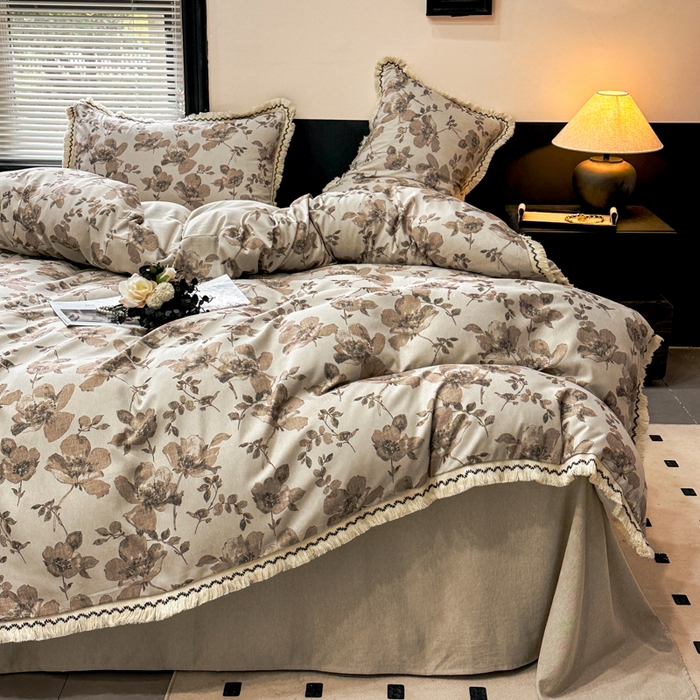 91家纺网 家纺一手货源 找家纺 漫仙阁家纺 2026新款流苏亚麻四件套 与花时-咖