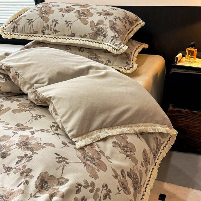 91家纺网 家纺一手货源 找家纺 漫仙阁家纺 2026新款流苏亚麻四件套 与花时-咖