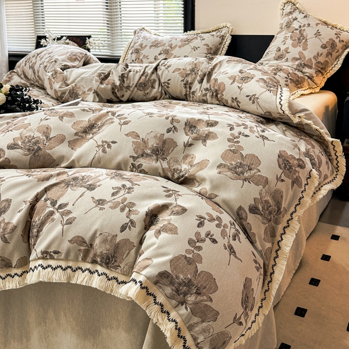 91家纺网 家纺一手货源 找家纺 漫仙阁家纺 2026新款流苏亚麻四件套 与花时-咖