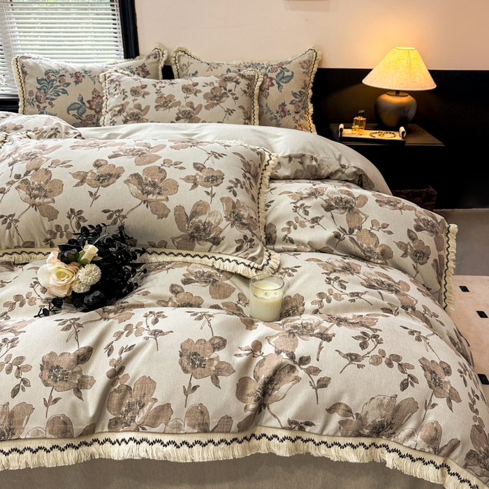 91家纺网 家纺一手货源 找家纺 漫仙阁家纺 2026新款流苏亚麻四件套 与花时-咖