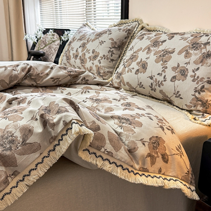 91家纺网 家纺一手货源 找家纺 漫仙阁家纺 2026新款流苏亚麻四件套 与花时-咖