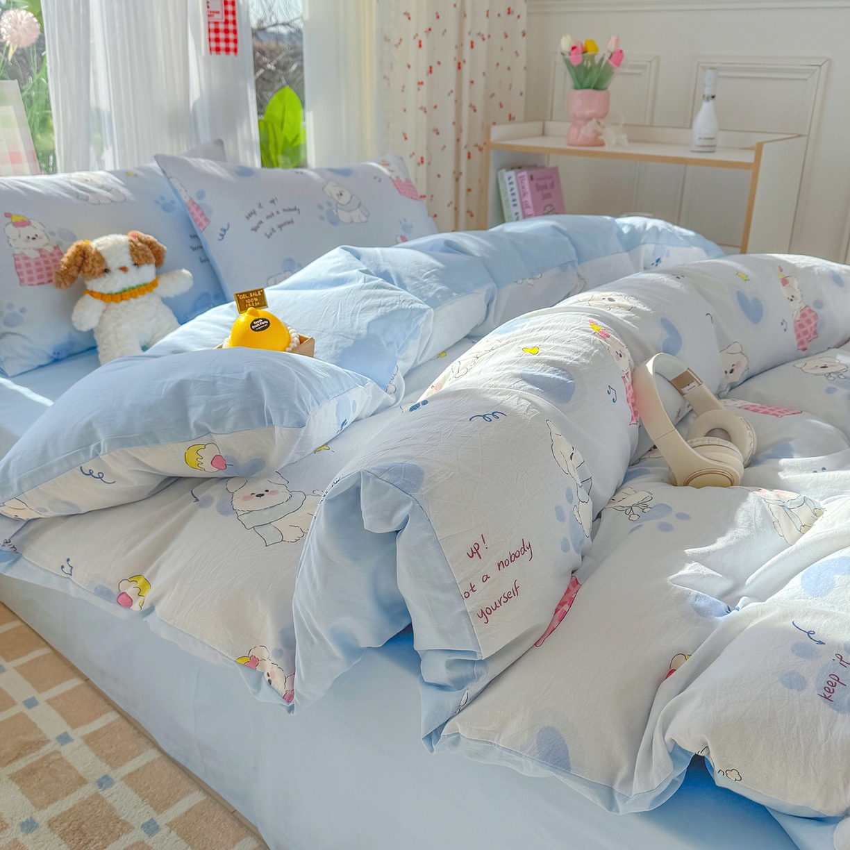 91家纺网 家纺一手货源 找家纺 颜选 2026新款仿棉105克加厚水洗棉四件套-有买家秀 汪星人