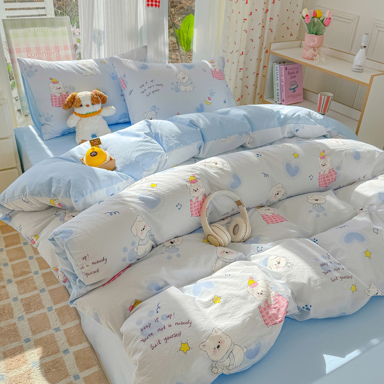 91家纺网 家纺一手货源 找家纺 颜选 2026新款仿棉105克加厚水洗棉四件套-有买家秀 汪星人