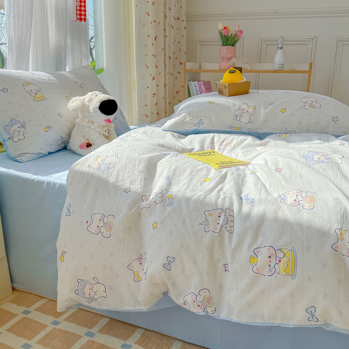 91家纺网 家纺一手货源 找家纺 颜选 2026新款仿棉105克加厚水洗棉四件套-有买家秀 星云奶芙猫