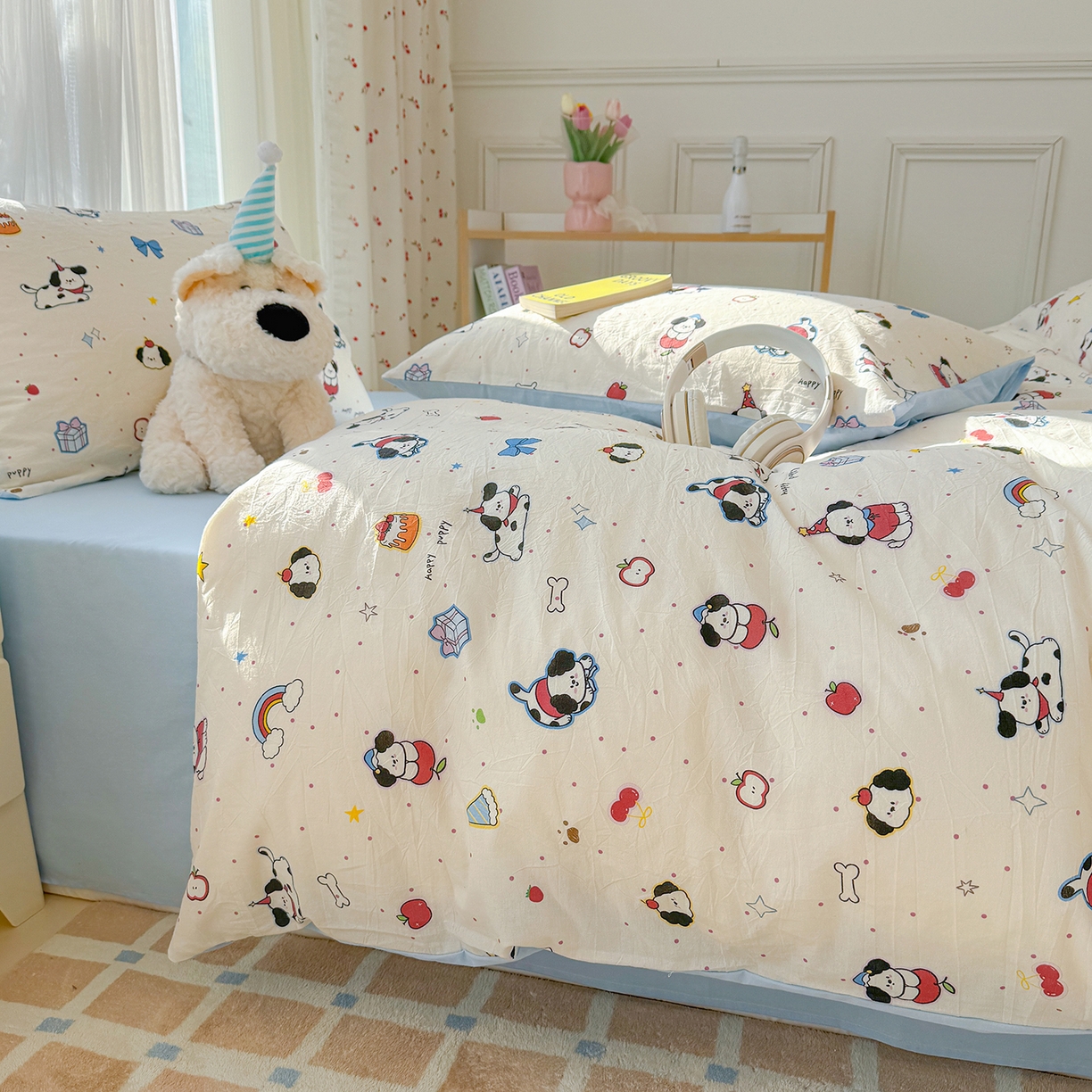 91家纺网 家纺一手货源 找家纺 颜选 2026新款仿棉105克加厚水洗棉四件套-有买家秀 圣诞幸福小狗