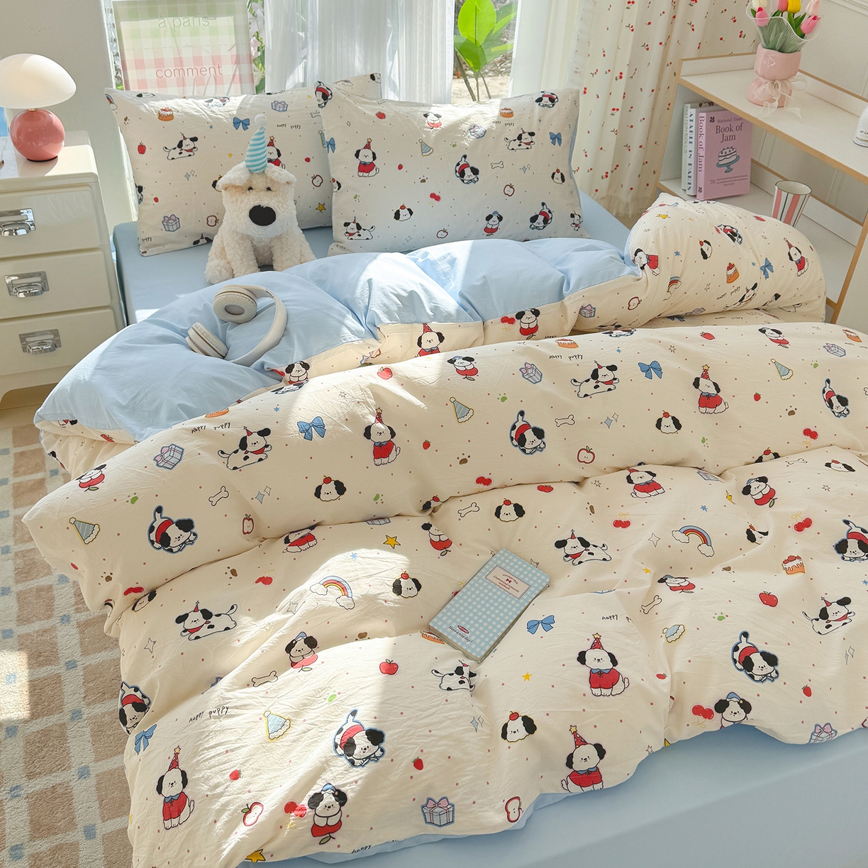 91家纺网 家纺一手货源 找家纺 颜选 2026新款仿棉105克加厚水洗棉四件套-有买家秀 圣诞幸福小狗