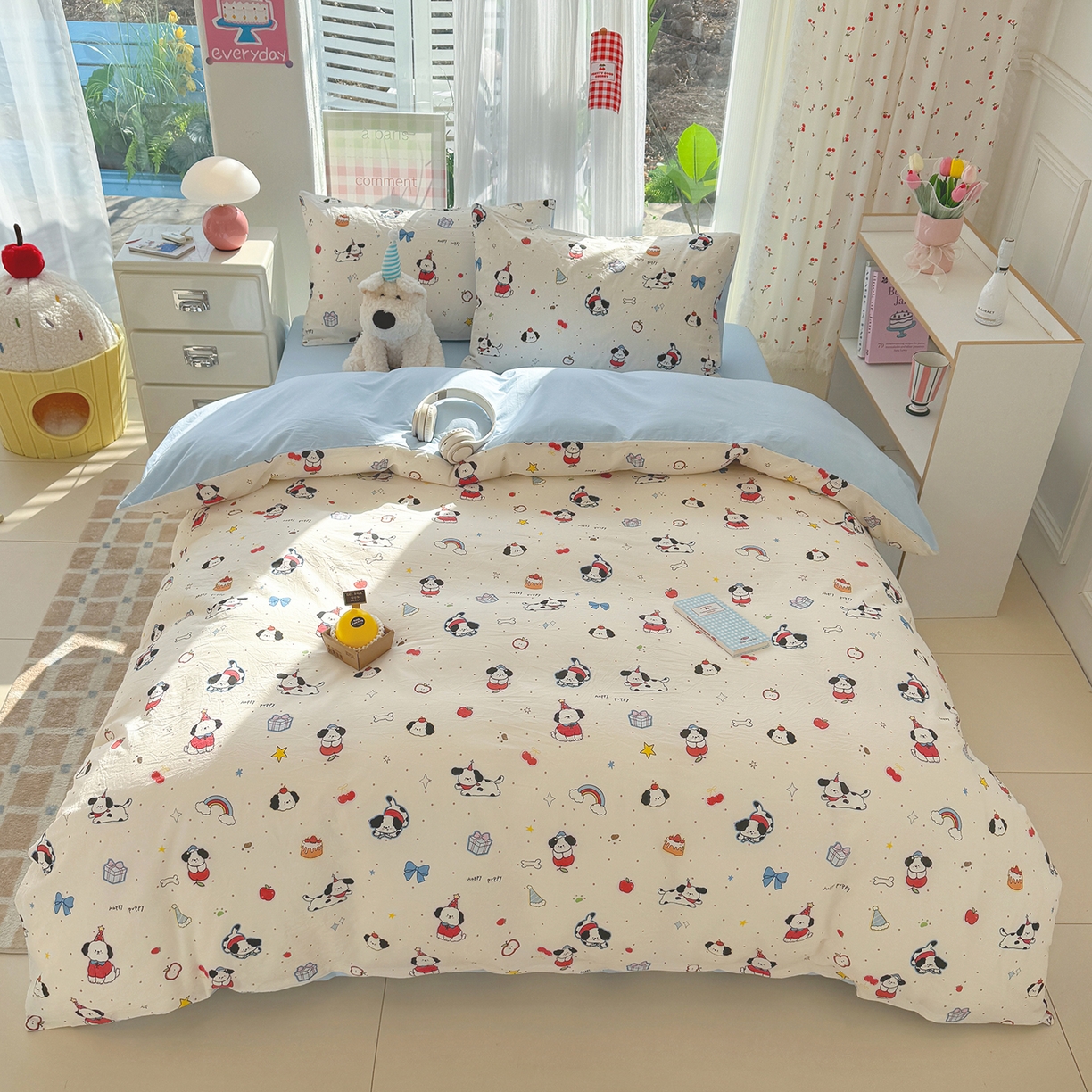 91家纺网 家纺一手货源 找家纺 颜选 2026新款仿棉105克加厚水洗棉四件套-有买家秀 圣诞幸福小狗