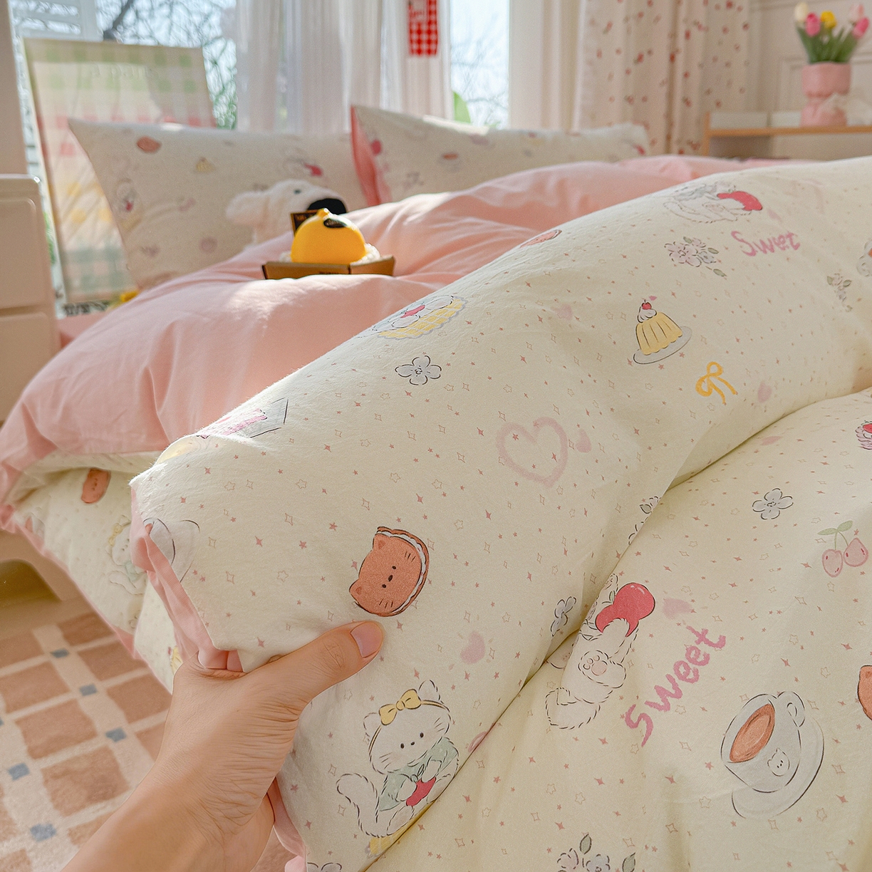 91家纺网 家纺一手货源 找家纺 颜选 2026新款仿棉105克加厚水洗棉四件套-有买家秀 甜心猫