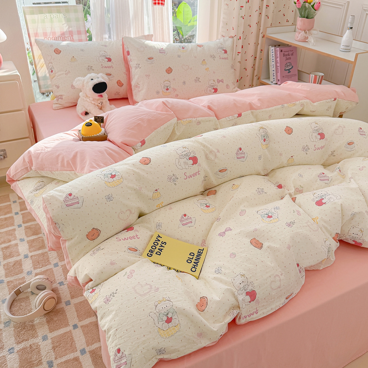 91家纺网 家纺一手货源 找家纺 颜选 2026新款仿棉105克加厚水洗棉四件套-有买家秀 甜心猫