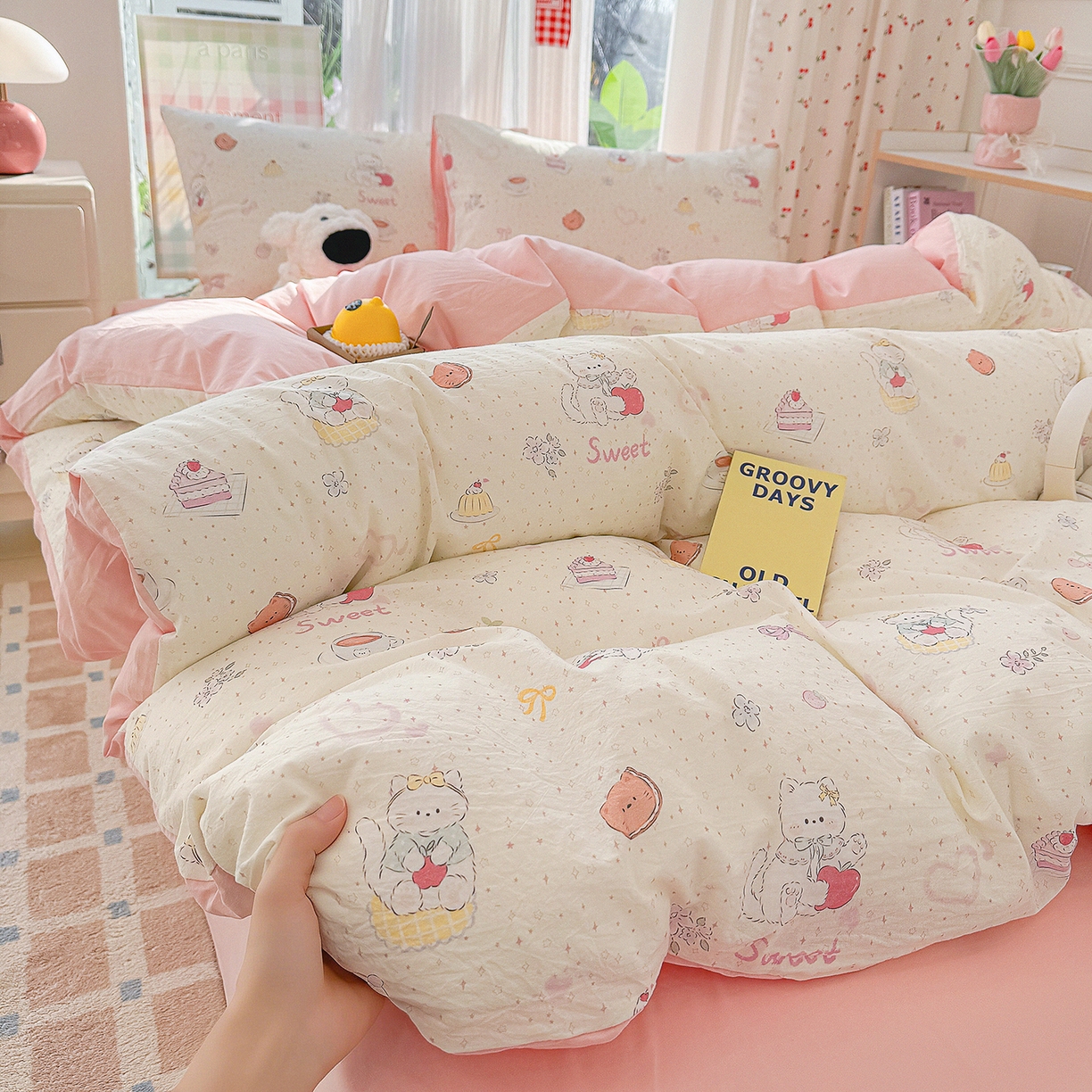 91家纺网 家纺一手货源 找家纺 颜选 2026新款仿棉105克加厚水洗棉四件套-有买家秀 甜心猫