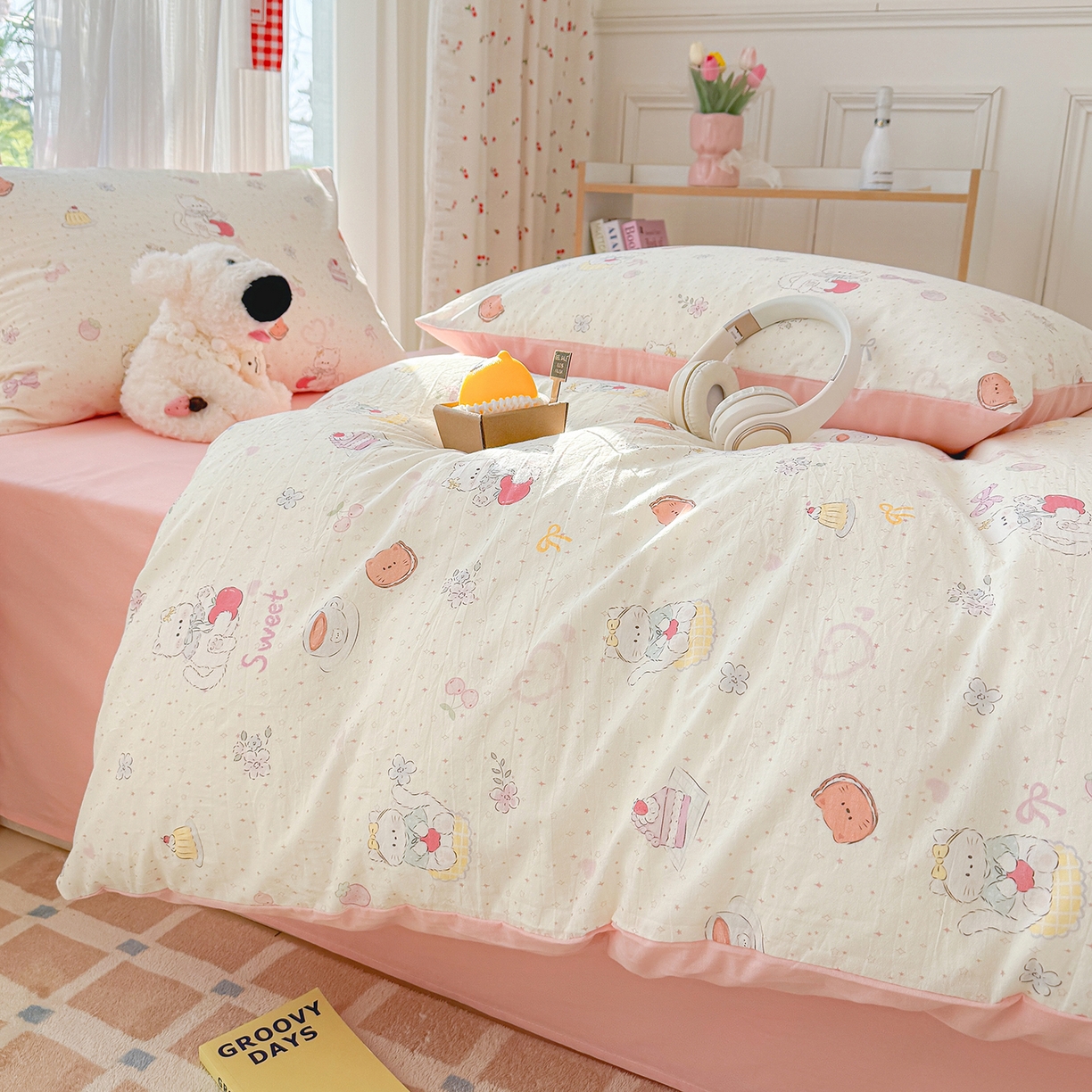 91家纺网 家纺一手货源 找家纺 颜选 2026新款仿棉105克加厚水洗棉四件套-有买家秀 甜心猫