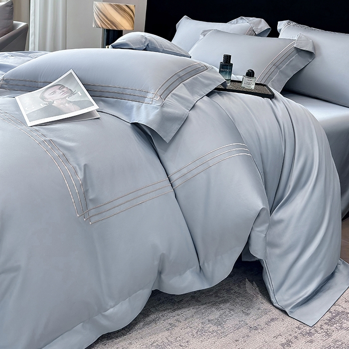 91家纺网 家纺一手货源 找家纺 星蕴家纺 2026新款100s贡缎长绒棉四件套-简爱 简爱-云山蓝