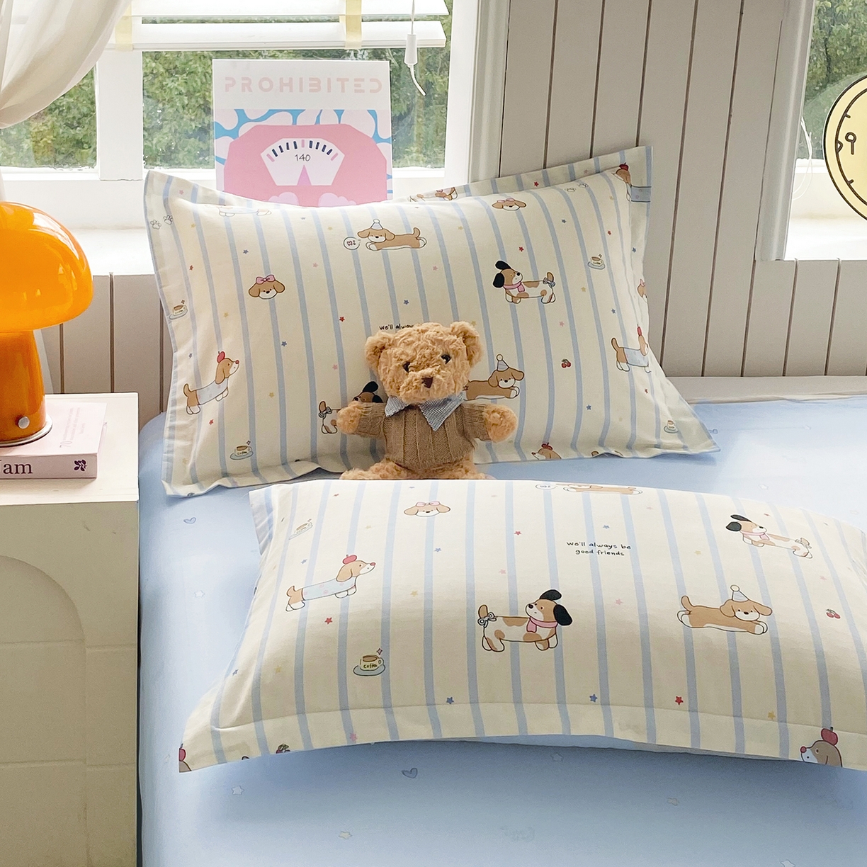 金丝兔 2026春夏新款纯棉全棉单枕套 条纹小狗