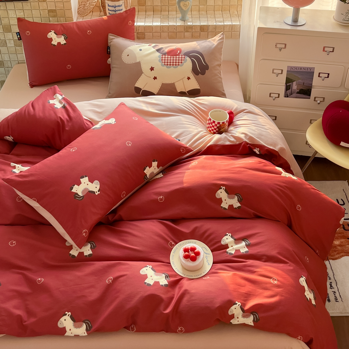 91家纺网 家纺一手货源 找家纺 （总）RYB红黄兰 2026新款新年小马ins风全棉纯棉四件套三件套