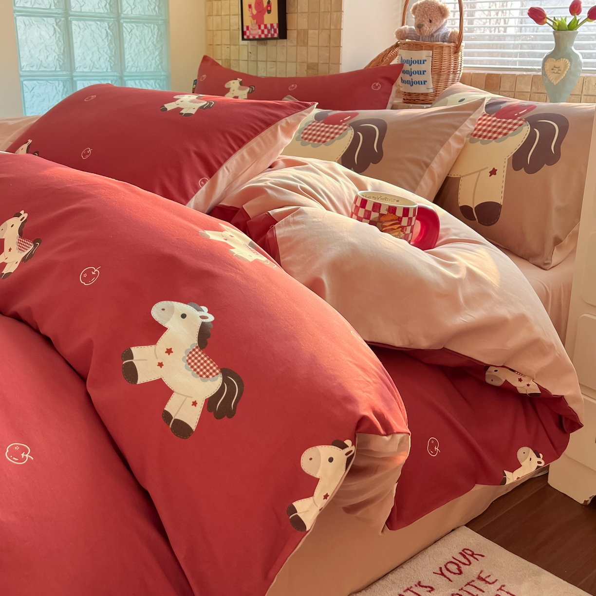 91家纺网 家纺一手货源 找家纺 （总）RYB红黄兰 2026新款新年小马ins风全棉纯棉四件套三件套